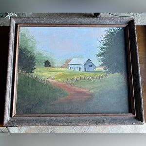 Rustic Landscape Painting with Barn in Wooden Frame